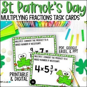 St. Patrick's Day multiplying fractions and mixed numbers task cards
