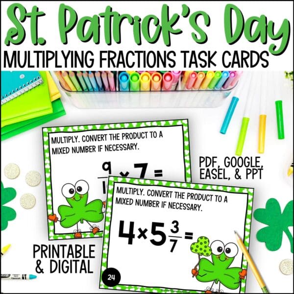 St. Patrick's Day multiplying fractions and mixed numbers task cards