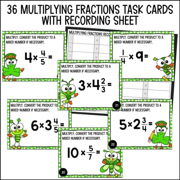 St. Patrick's Day multiplying fractions and mixed numbers task cards