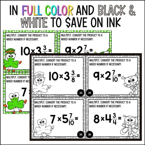 St. Patrick's Day multiplying fractions and mixed numbers task cards