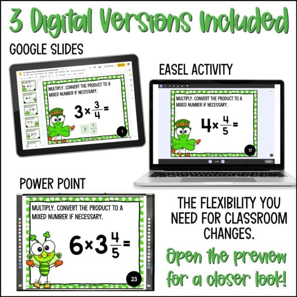 St. Patrick's Day multiplying fractions and mixed numbers task cards