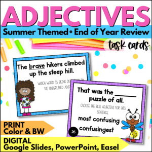 end of year adjectives task cards summer activities