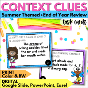 end of year context clues task cards summer activities
