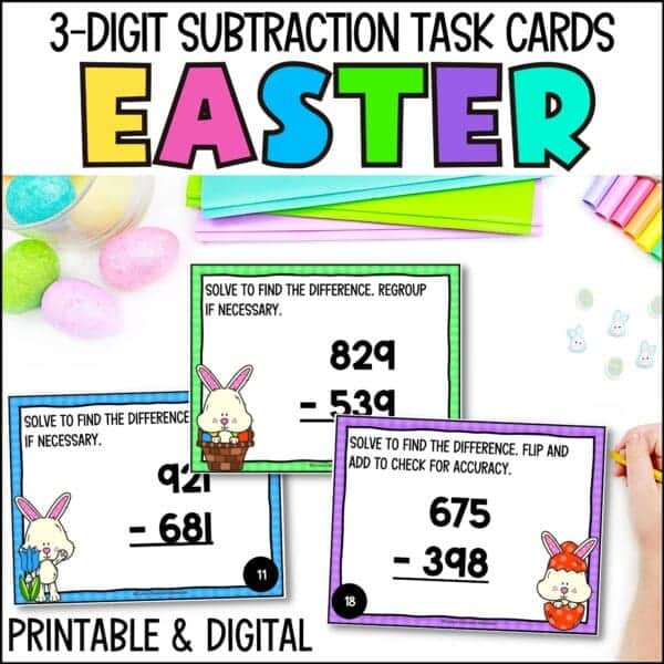 easter 3-digit subtraction task cards for spring