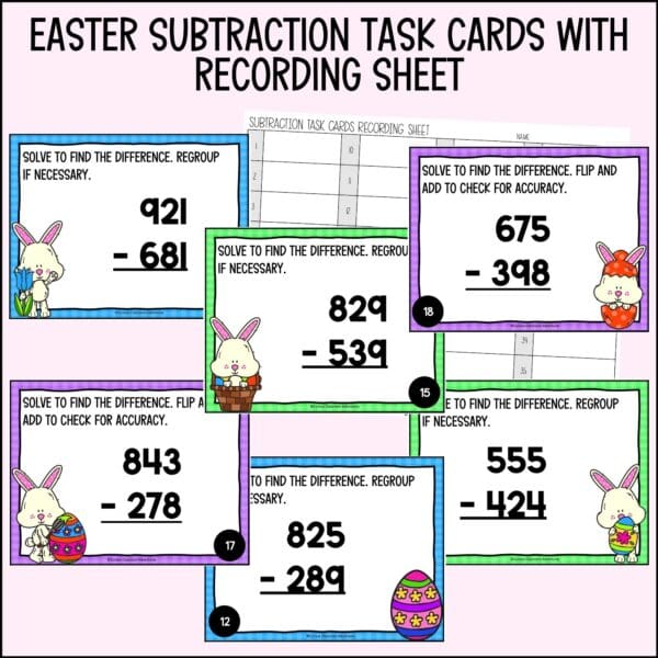 easter 3-digit subtraction task cards for spring