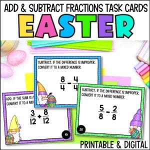 easter adding and subtracting fractions task cards for spring