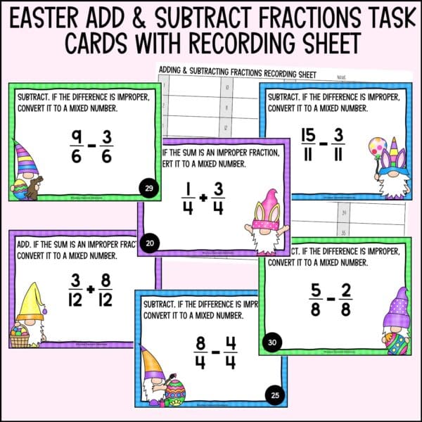 easter adding and subtracting fractions task cards for spring