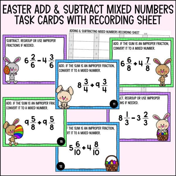 easter adding and subtracting mixed numbers task cards for spring