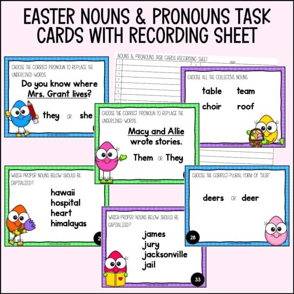 easter nouns and pronouns task cards for spring