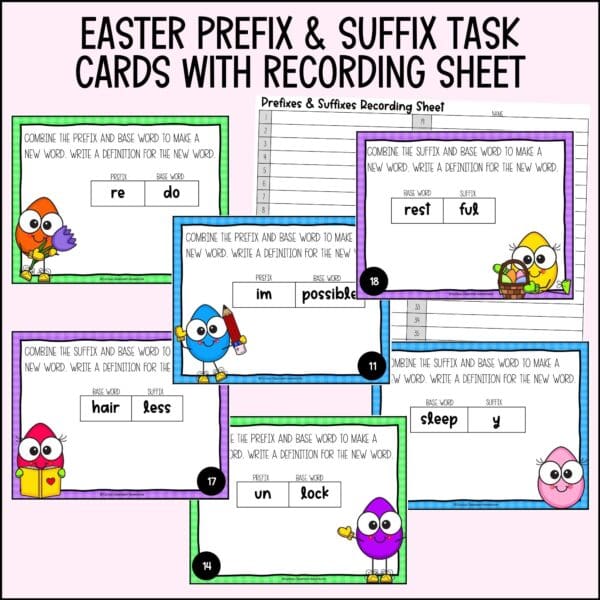 easter prefixes and suffixes task cards for spring