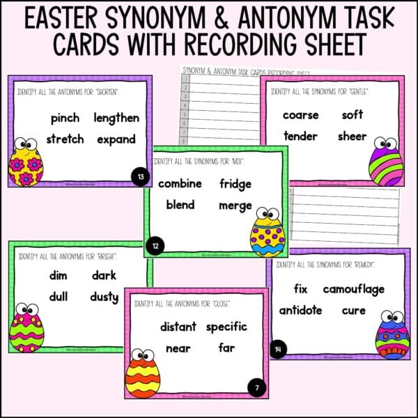 easter synonyms and antonyms task cards for spring