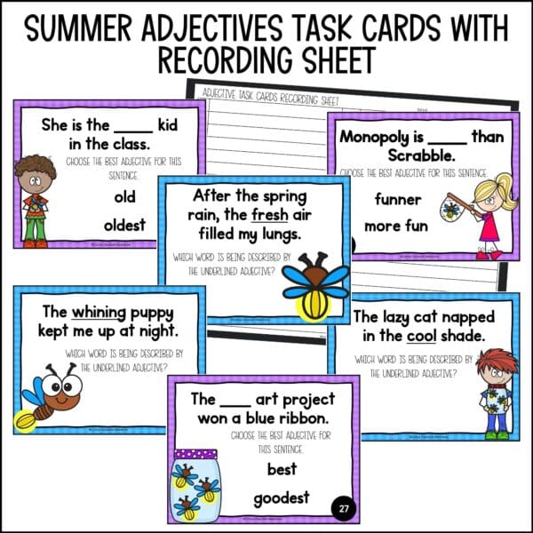 end of year adjectives task cards summer activities