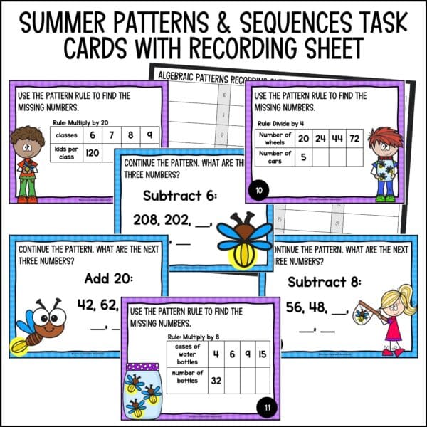 end of year algebraic patterns task cards summer activities