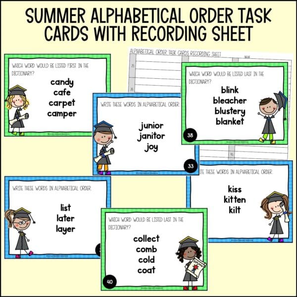 end of year alphabetical order task cards summer activities