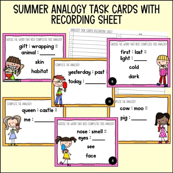 end of year analogy task cards summer activities