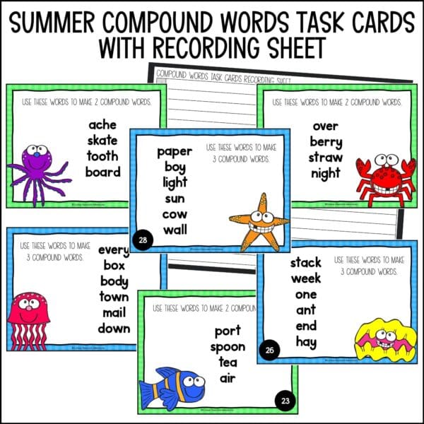 end of year compound words task cards summer activities