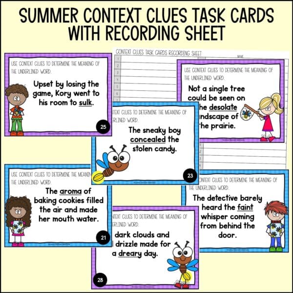 end of year context clues task cards summer activities