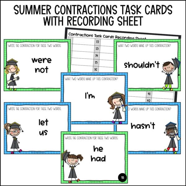 end of year contractions task cards summer activities