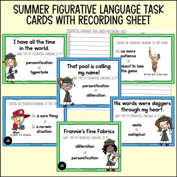 end of year figurative language task cards summer activities