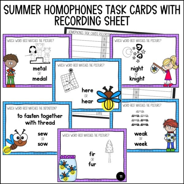 end of year homophones task cards summer activities