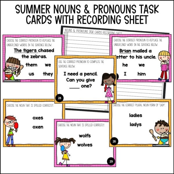 end of year nouns and pronouns task cards summer activities