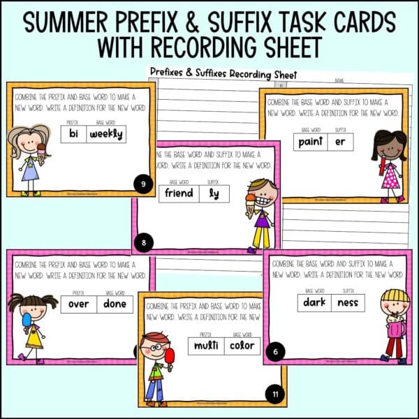 end of year prefixes and suffixes task cards summer activities