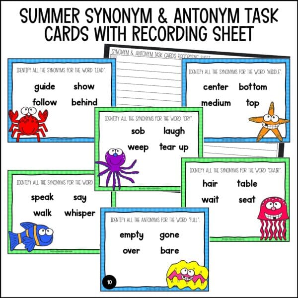 end of year synonym and antonym task cards summer activities