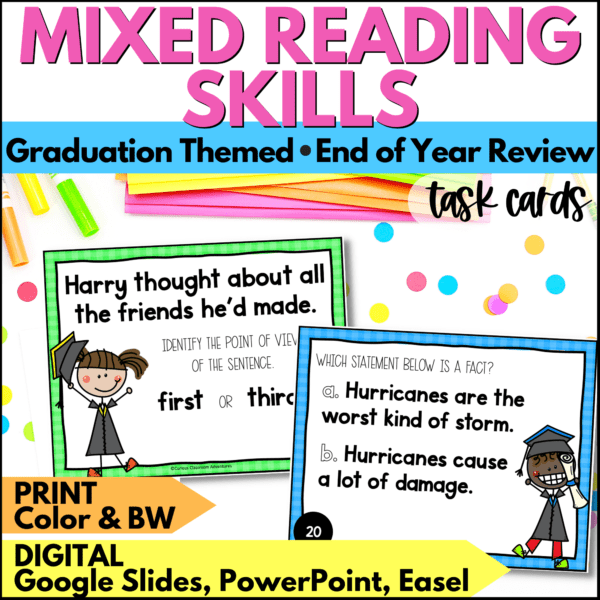 end of year mixed reading skills task cards summer activities