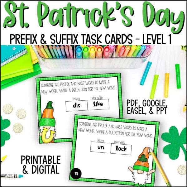 st. patrick's day prefixes and suffixes task cards L1