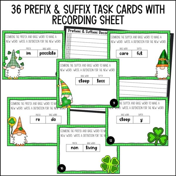 st. patrick's day prefixes and suffixes task cards L1