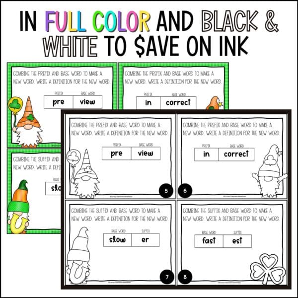 st. patrick's day prefixes and suffixes task cards L1