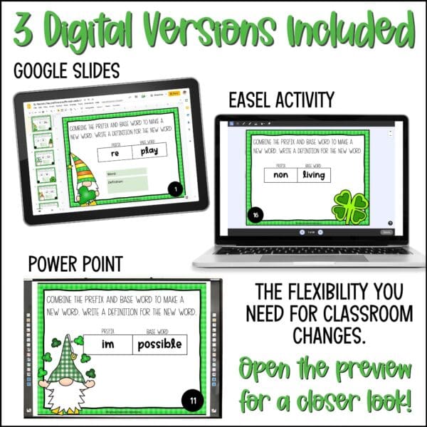 st. patrick's day prefixes and suffixes task cards L1