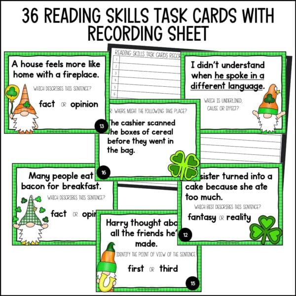 st. patrick's day reading skills task cards