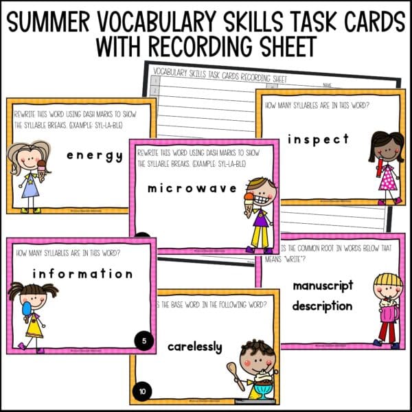 end of year vocabulary skills task cards summer activities