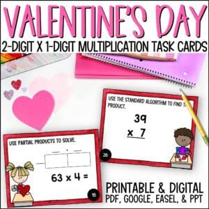 valentine's day 2-digit by 1-digit multiplication task cards