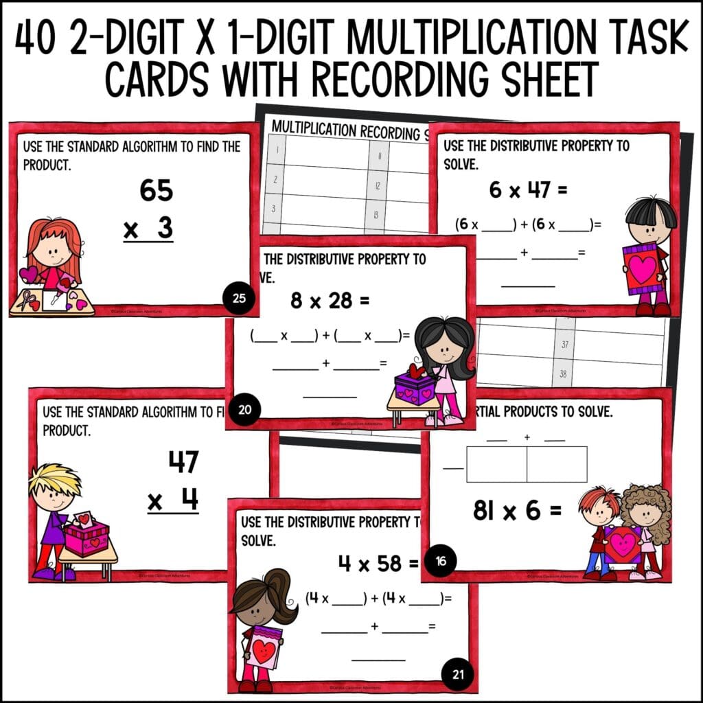 Valentine's Day 2-Digit by 1-Digit Multiplication Task Cards - Curious ...