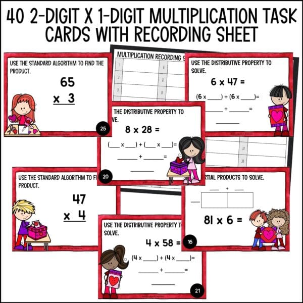 valentine's day 2-digit by 1-digit multiplication task cards