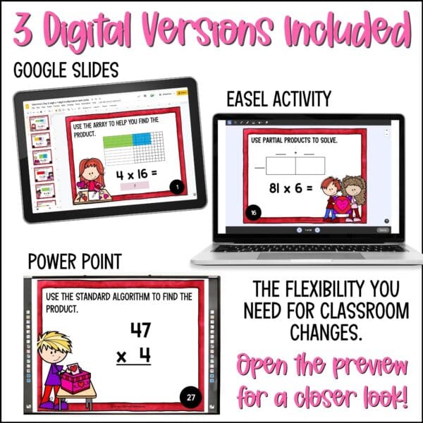 valentine's day 2-digit by 1-digit multiplication task cards