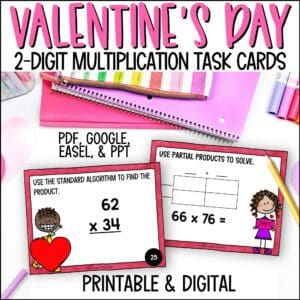 Valentine's Day 2-digit by 2-digit Multiplication task cards