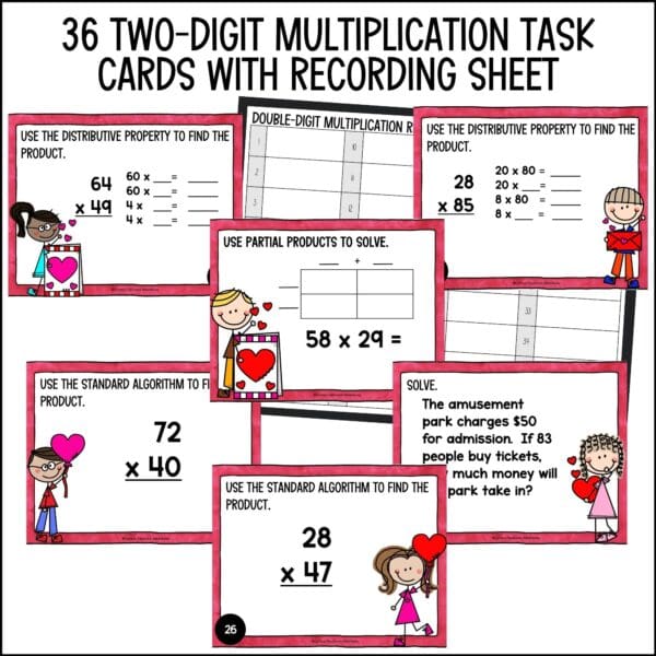 Valentine's Day 2-digit by 2-digit Multiplication task cards