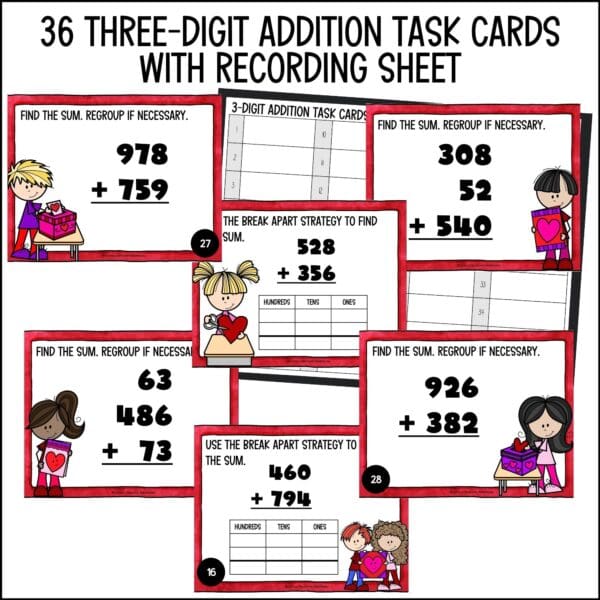 Valentine's Day 3-Digit Addition task cards