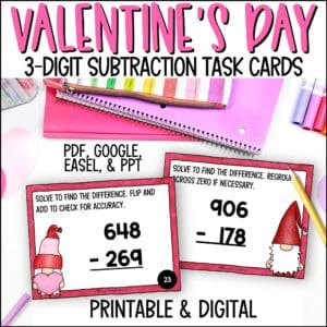 Valentine's Day 3-Digit Subtraction task cards