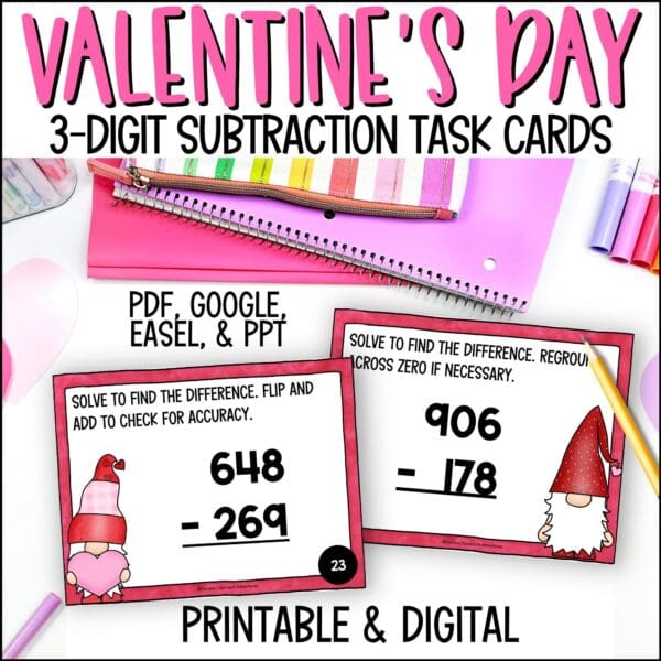 Valentine's Day 3-Digit Subtraction task cards