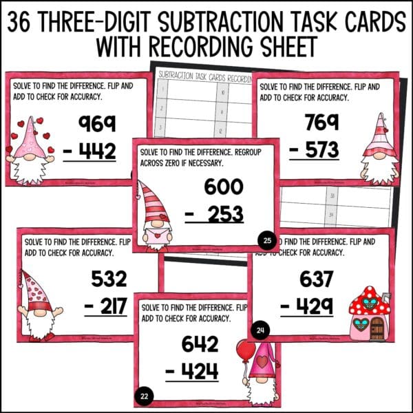 Valentine's Day 3-Digit Subtraction task cards