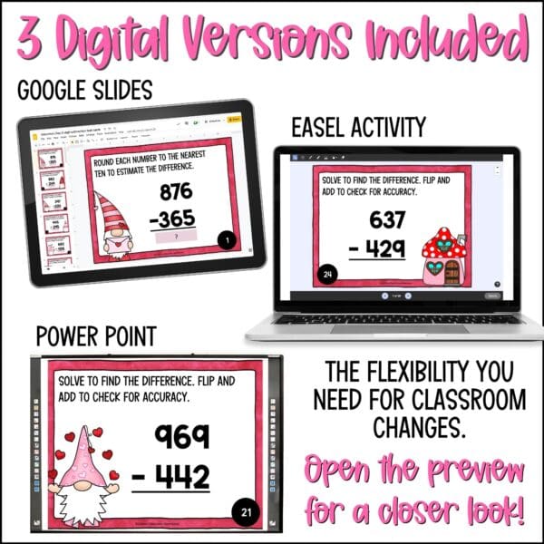 Valentine's Day 3-Digit Subtraction task cards