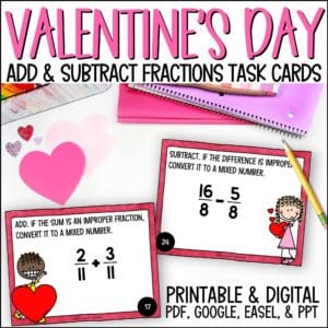 Valentine's Day Adding and Subtracting Fractions Task Cards