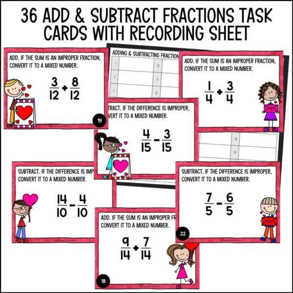 Valentine's Day Adding and Subtracting Fractions Task Cards