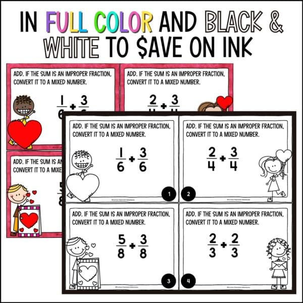 Valentine's Day Adding and Subtracting Fractions Task Cards