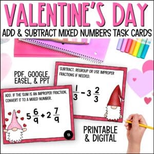 Valentine's Day Adding and Subtracting Mixed Numbers task cards