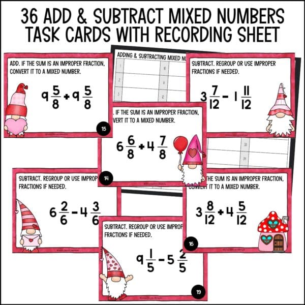 Valentine's Day Adding and Subtracting Mixed Numbers task c